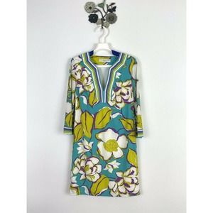 Trina Turk Shift Dress V-neck Retro 70s Floral Aqua Green Women Size 0